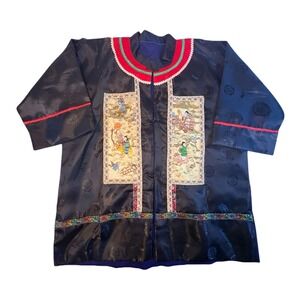 Chinese Silk Embroidered Tang Suit Jacket Black Dragon Damask Short Sleeve VTG